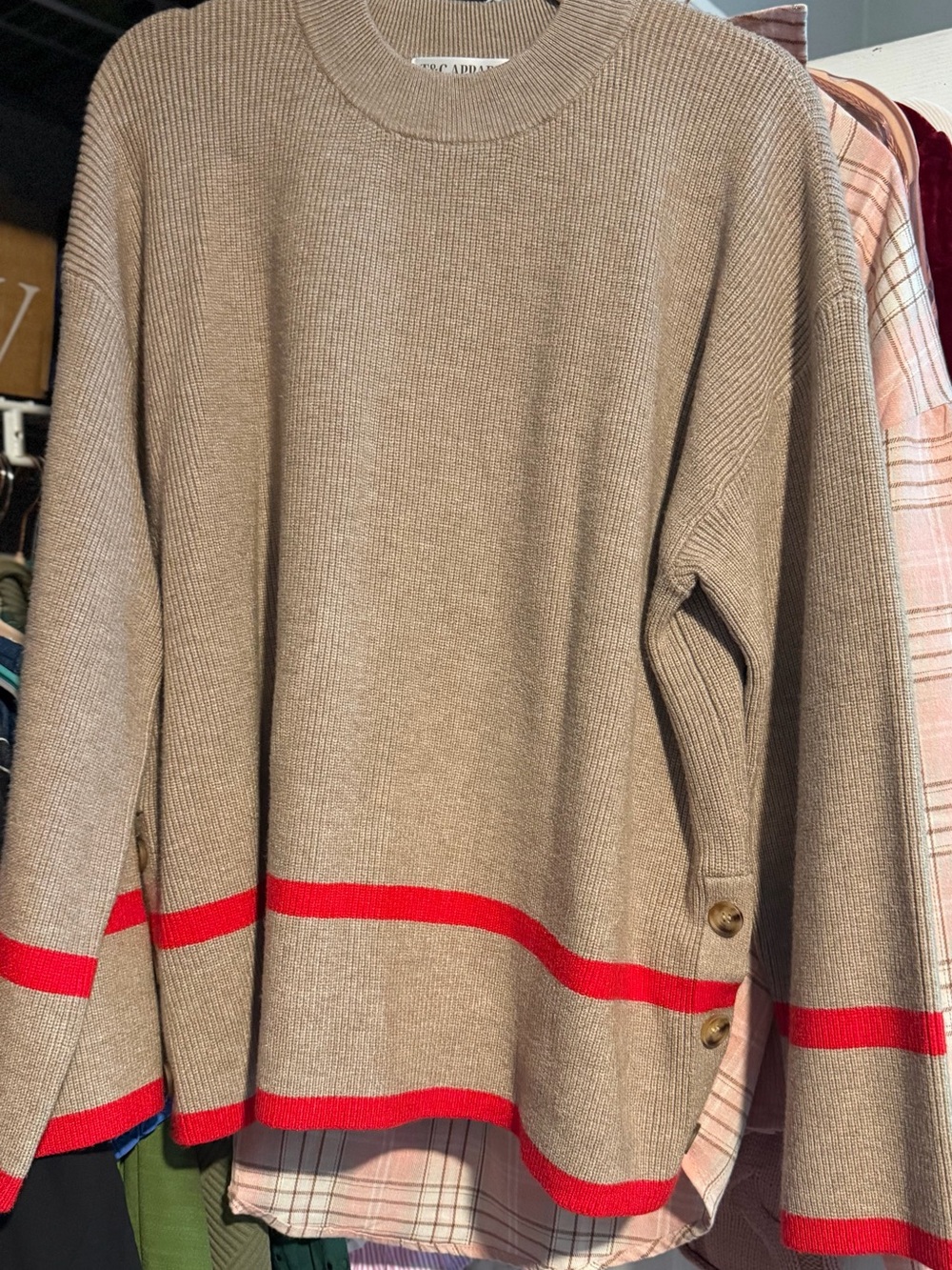 Womens Taupe Crewneck Sweater with Red Stripe Detail